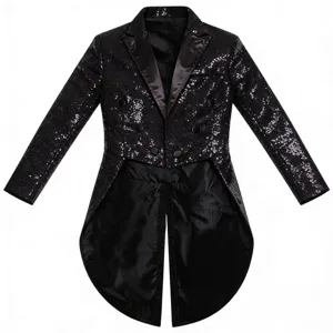Men's black sequin tailcoat jacket, stylish tuxedo for party stage performance and events.