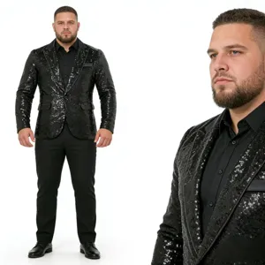 Primo piano sui dettagli del blazer di paillettes nere per abbigliamento da festa.