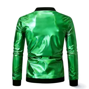 Heren metallic groene opstaande kraag bomberjack stijlvolle lente casual bovenkleding.