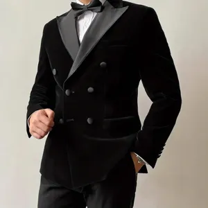 Chaqueta de Traje Negra de Terciopelo Cruzada para Hombre Elegante Blazer de Esmoquin