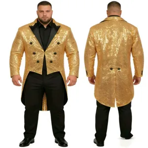 Detalles de tela de frac de lentejuelas doradas, vista frontal y trasera para fiesta y escenario.