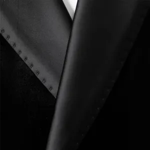 Detalle de chaqueta de traje negra elegante para hombre con solapa de tela premium.