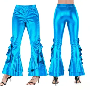 Shiny metallic faux leather bell bottom pants for women, sexy club wear high waist flare trousers.