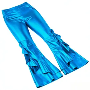 Glossy faux leather flare pants detail, featuring high waist and stylish ruffles.