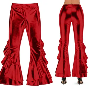 Red glossy faux leather flare pants with stylish ruffles, high waist nightclub party long trousers.