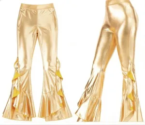 Metallic gold shiny faux leather flared pants with ruffle details for women stage wear.