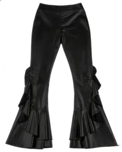 Black glossy faux leather flare pants with dramatic ruffled hems, sexy slim fit party trousers.
