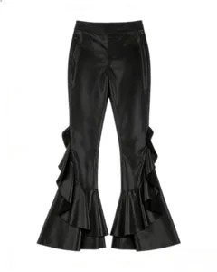 Glossy black faux leather flare pants detail featuring dramatic ruffled bell bottom cuffs.