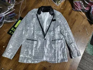 Giacca blazer con paillettes argento da uomo cappotto abito da festa disco lucido.