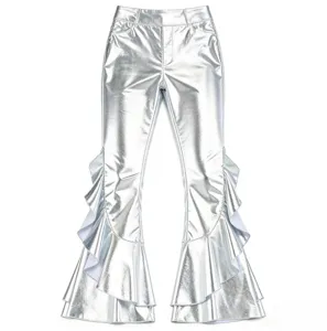 Glossy metallic silver flared pants with ruffles and wide waist detail for stage wear.