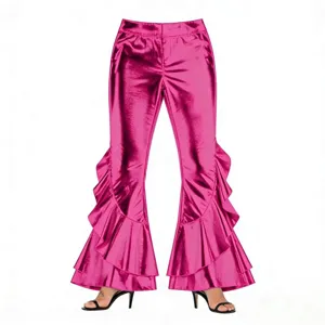 Metallic pink flare pants closeup showing shiny faux leather texture and dramatic ruffle hems.