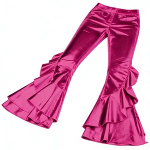 Shiny metallic pink flare pants featuring dramatic ruffled layers and high waist design.