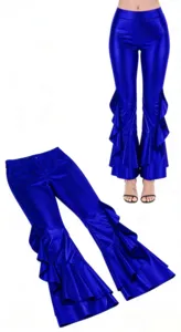 Shiny faux leather metallic flare pants with dramatic ruffled hem, sexy high waist detail.