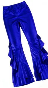 Glossy faux leather flare pants detail shot showing dramatic ruffled cuffs and high waist.