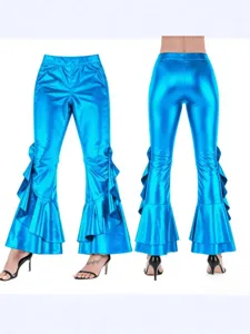Women's Sexy Stage Glossy Imitation Leather Flared Pants High Waist Irregular Ruffle Wide Leg Long Trousers Clubwear