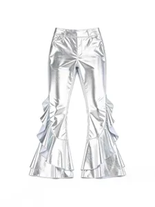 Glossy silver faux leather bell-bottom pants with high waist and ruffles for club wear.