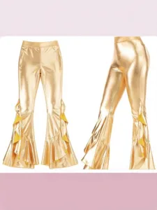 Shiny metallic gold bell-bottom pants with yellow ruffles, sexy clubwear trousers for women.