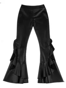 Glossy black faux leather high waist flare trousers with stylish layered ruffles main view.