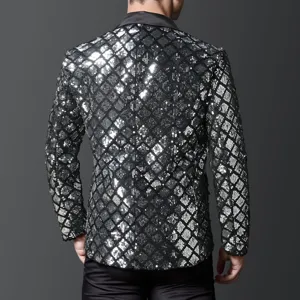 Detailed back view of men's black sequin blazer featuring geometric diamond pattern.