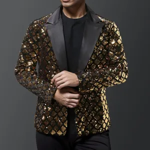 Men's black gold sequin blazer peak lapel party suit jacket detail view sparkle fashion clothing