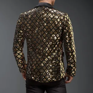 Men's black gold sequin blazer back detail, peak lapel party suit jacket for stage performance.