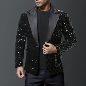 Detailed view of the black sequined men blazer with satin peak lapels for evening parties.