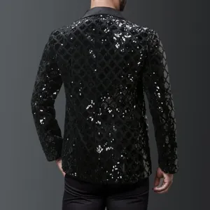 Black sequin blazer back detail, diamond pattern evening party suit jacket for men.