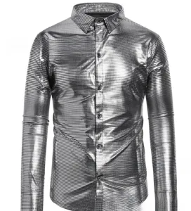 Men's metallic grid long sleeve shirt, stylish slim fit lapel casual button down top.