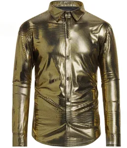 Close-up detail of men's long sleeve metallic gold shirt, fashion slim fit lapel shirt.
