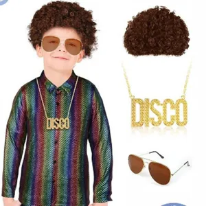 Kids 70s disco costume set shiny sequin shirt afro wig necklace sunglasses party outfits
