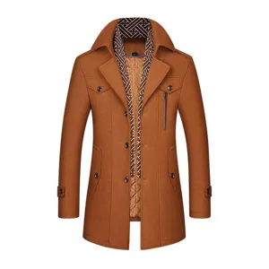 Men's wool blend trench coat autumn winter warm mid-length jacket with stylish scarf collar.