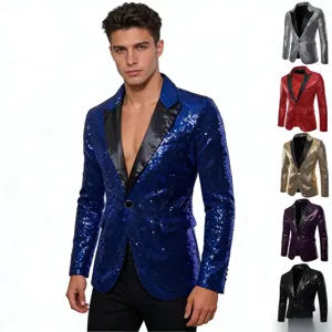 Blazer elegante de lentejuelas para hombre con solapa negra para fiestas y eventos.