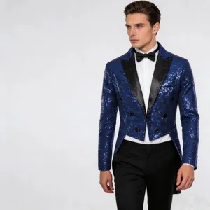 Men sequin tailcoat detail view, luxury stage performance blazer party costume outfit.
