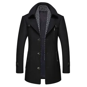 Men winter black wool blend trench coat with scarf collar warm business casual outerwear