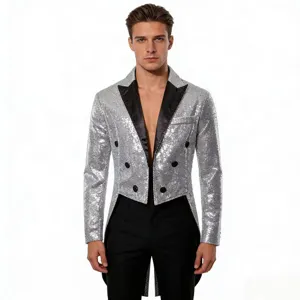 Men's silver sequin tailcoat jacket, stylish double-breasted tuxedo for party and club.