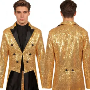 Men gold sequin tailcoat party club performance suit jacket front and back view detail