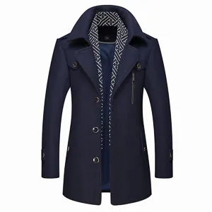 Men's wool blend trench coat winter warm jacket with scarf collar and stylish buttons.