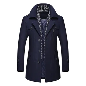 Men's winter wool blend trench coat with scarf collar and warm quilted lining for men.