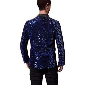 Men Blue Sequin Blazer Peak Lapel Shiny Stage Party Wedding Suit Outerwear New