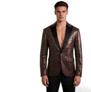 Chaqueta blazer de lentejuelas bronce para hombre con elegante solapa de satén.