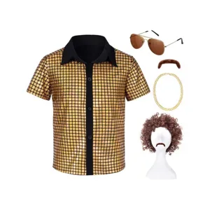 Kids Boys 70s Disco Costume Metallic Sequin Shirt Top And Matching Accessories Party Cosplay Stage Performance Outfit