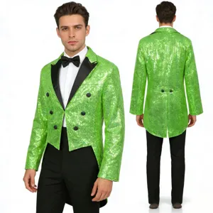 Men's green sequin tailcoat suit jacket for party, nightclub, and stage performance wear.