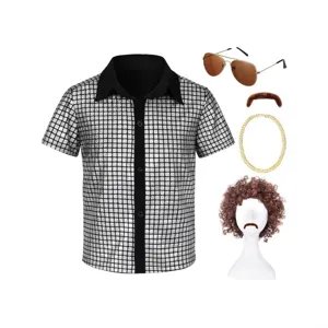 70s Mens Disco Sequin Shirt Costume Set Vintage Party Outfit With Wig And Accessories