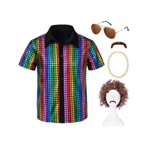 70s disco costume set for men boys featuring a rainbow sequin shirt sunglasses wig and necklace