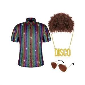 70s disco costume set with metallic sequin shirt, afro wig, necklace and sunglasses