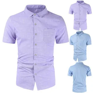 Men's short sleeve casual button down shirt with lapel collar and chest pocket grid pattern.