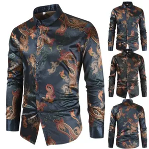 Men's long sleeve button down shirt vintage paisley print casual slim fit dress shirt top