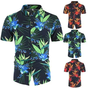 Men's short sleeve tropical floral button up casual summer shirt with multi color options.