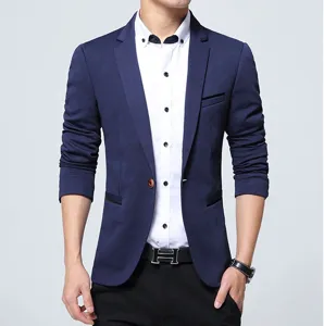 Men's slim fit casual navy blue blazer detail shot showing button design and stylish tailoring.