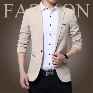 Veste de blazer beige uni décontractée pour homme, haut de costume d'affaires élégant.